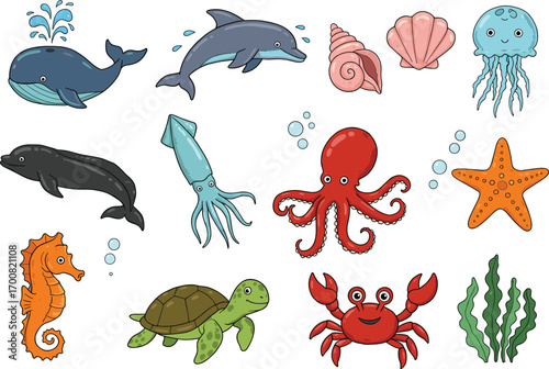 Cute sea animals vector set, cartoon ocean creatures clipart, underwater marine life illustration, kids educational design, nursery art, aquatic wildlife