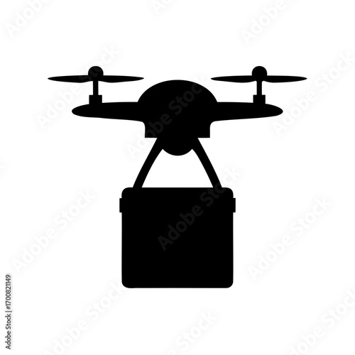 Silhouette of a delivery drone carrying a package, isolated on white