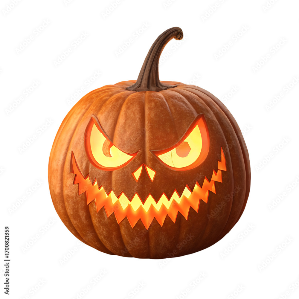Fototapeta premium Halloween pumpkin with scary carved face isolated on transparent background.