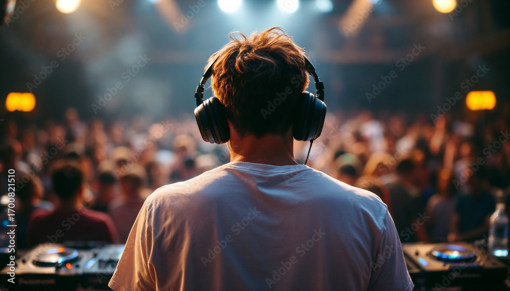 Obraz premium DJ seen from behind at console, crowd blurred in golden light