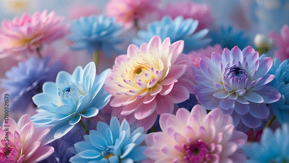 Obraz premium Dreamy Pastel Dahlia Flowers Background with Soft Tones and Delicate Petals in Bloom