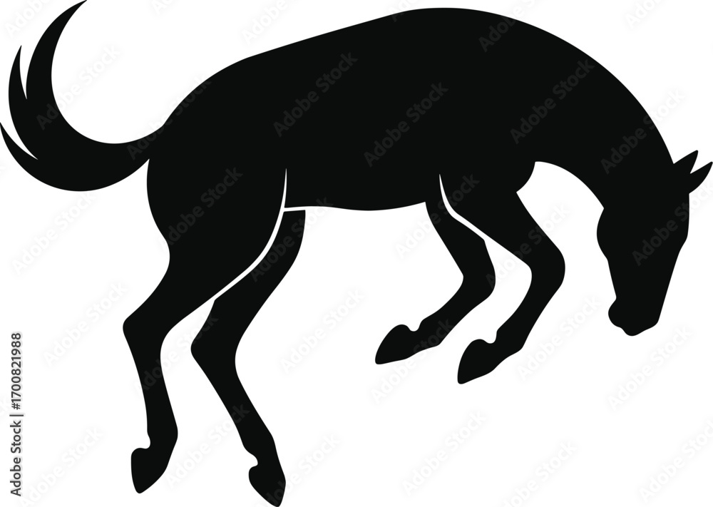 Obraz premium vector silhouette, bucking horse, arched back and kicked hind legs, side view, solid black