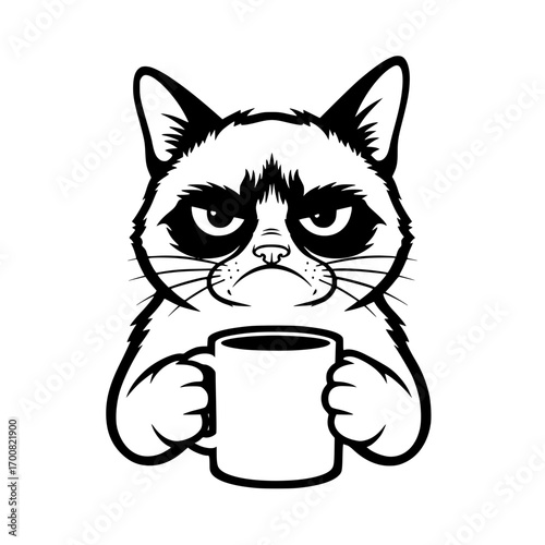 A grumpy cat with a disgruntled expression holds a coffee mug, perfectly capturing the sentiment of a morning grumble. vector illustration