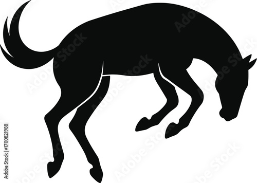 vector silhouette, bucking horse, arched back and kicked hind legs, side view, solid black