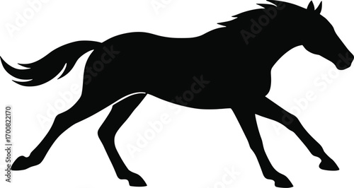 vector silhouette, galloping horse mid-stride, stretched body, side view, solid black