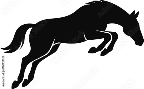 vector silhouette, horse jumping over low rail, knees tucked, side view, solid black