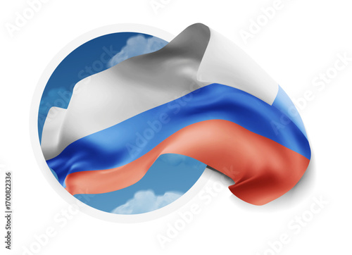 Russia, vector 3d flag against a blue sky, through a round hole on a white background