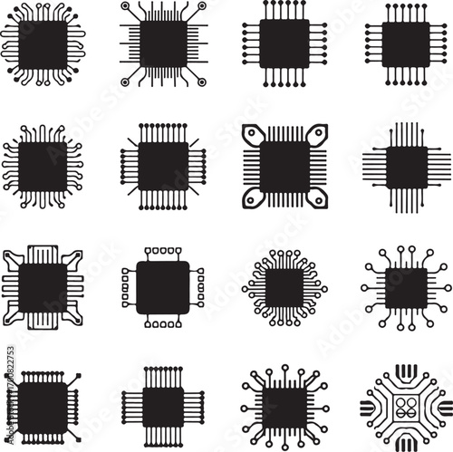Vector art of sixteen diverse microchip designs, illustrating the evolution and complexity of electronic components in vector format