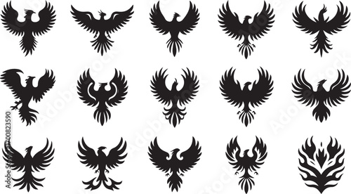 Vector art of collection of phoenix bird silhouettes, showcasing a variety of stylized designs for tattoo, logo, or graphic element purposes