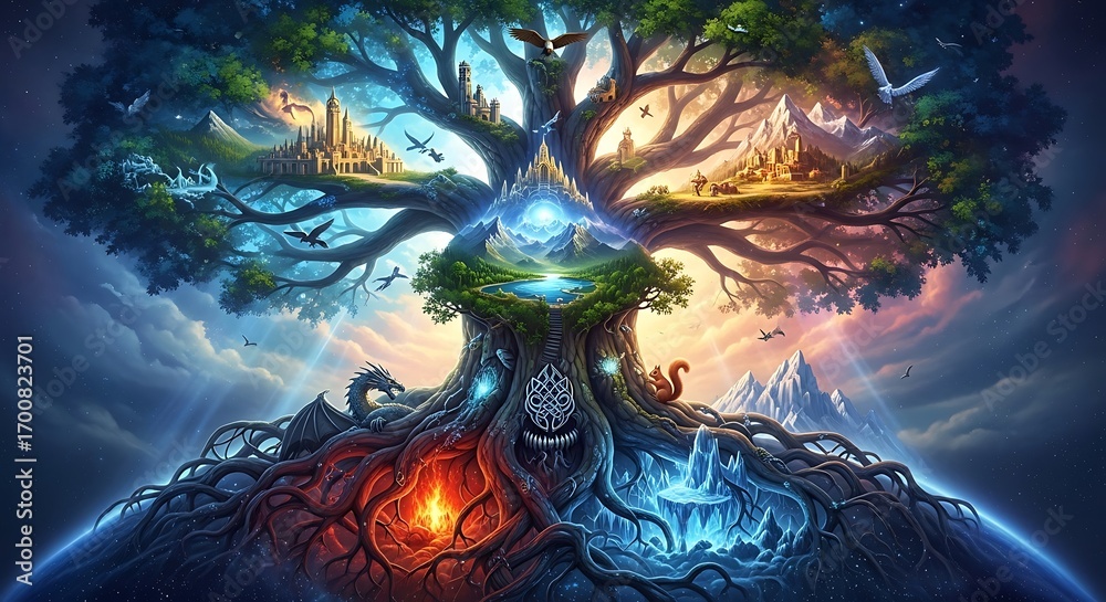 Obraz premium Enchanted arboreal nexus connecting realms, guarded by mythical beasts and imbued with elemental