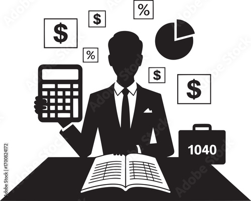Accountant Silhouette with Financial Icons for Tax Season and Business Consulting