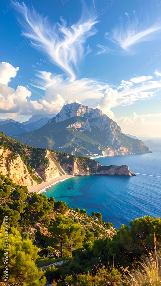 Fototapeta premium A breathtaking vista of a picturesque beach nestled within a dramatic mountain landscape, bathed in the warm glow of a sunny day.