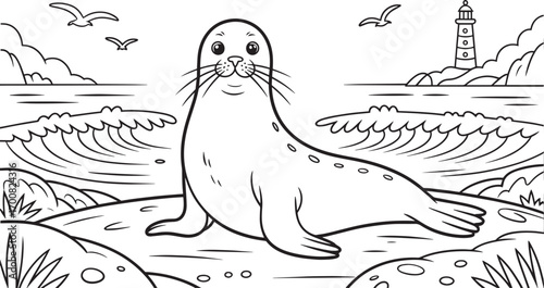 Adorable Seal on Rocky Coastline with Lighthouse and Seagulls Outline Vector Illustration