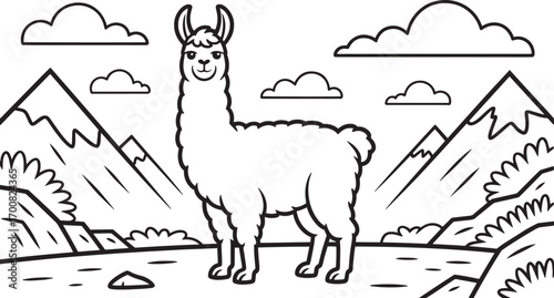 Andean Llama Outline Illustration with Mountain Landscape and Cloudscape Scenery