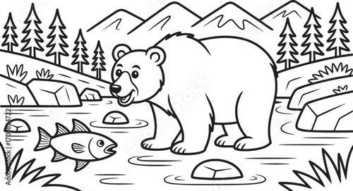 Cartoon Bear Catching Fish in River with Mountains and Trees Outline Illustration Vector