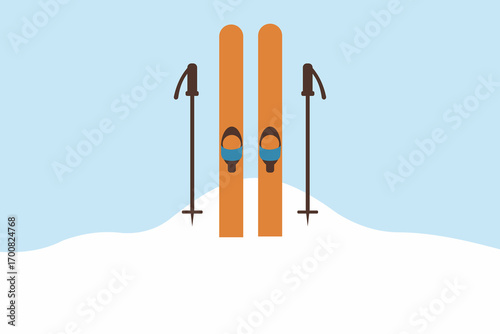 Orange Skis and Poles on Snow with Blue Sky Background