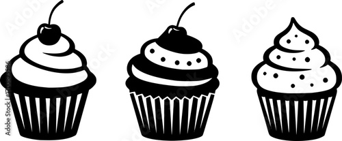 vector black and white cupcakes icons
