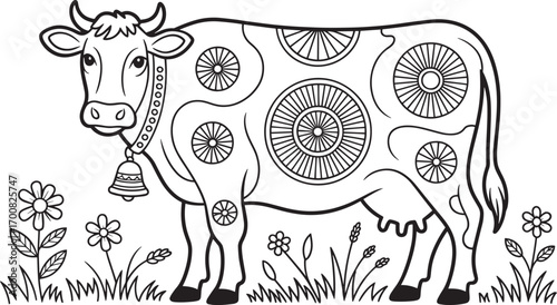 Detailed Cow Illustration with Floral Accents and Wheel Patterns on a Transparent Backdrop