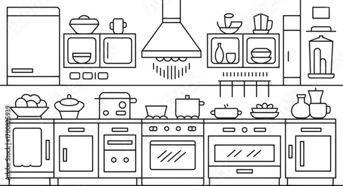 Detailed Kitchen Interior Outline Illustration with Appliances and Cabinets Design Concept