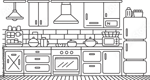 Detailed Kitchen Interior Outline Illustration with Appliances and Cabinets Design Concept