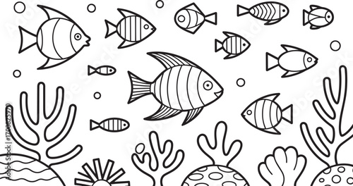 Detailed Outline Vector Illustration of Fish and Coral Reef on a Transparent Backdrop