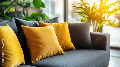 Stylish gray couch with yellow pillows near window
