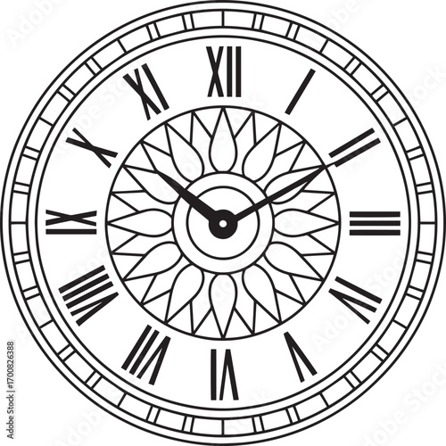 Elegant Clock Face Vector Illustration with Roman Numerals and Intricate Inner Design Element