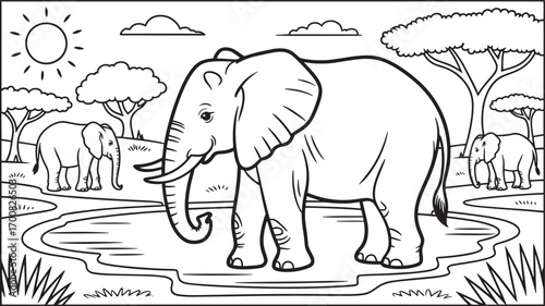 Elephants at Watering Hole Coloring Page Outline Illustration with Trees and Sun Design