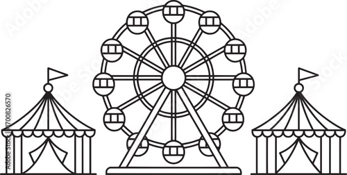 Fairground Fun Outline Illustration with Ferris Wheel and Tents for Amusement Park Design