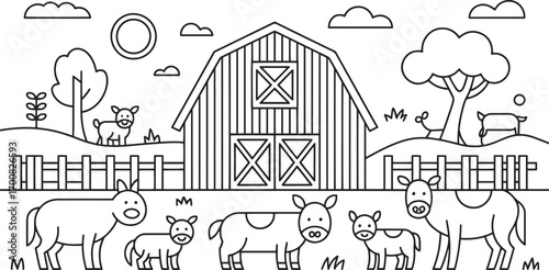 Farm Life Outline Illustration with Barn and Cows for Rural Scene Design Project