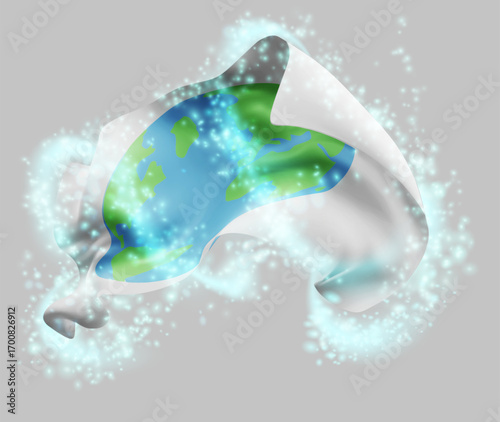World map, vector 3d flag in whirlwind of magical radiance