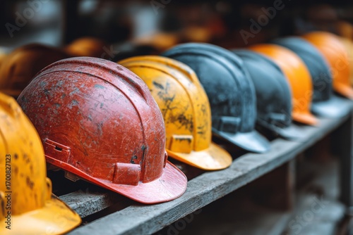Row of worn construction hard hats on wooden shelf