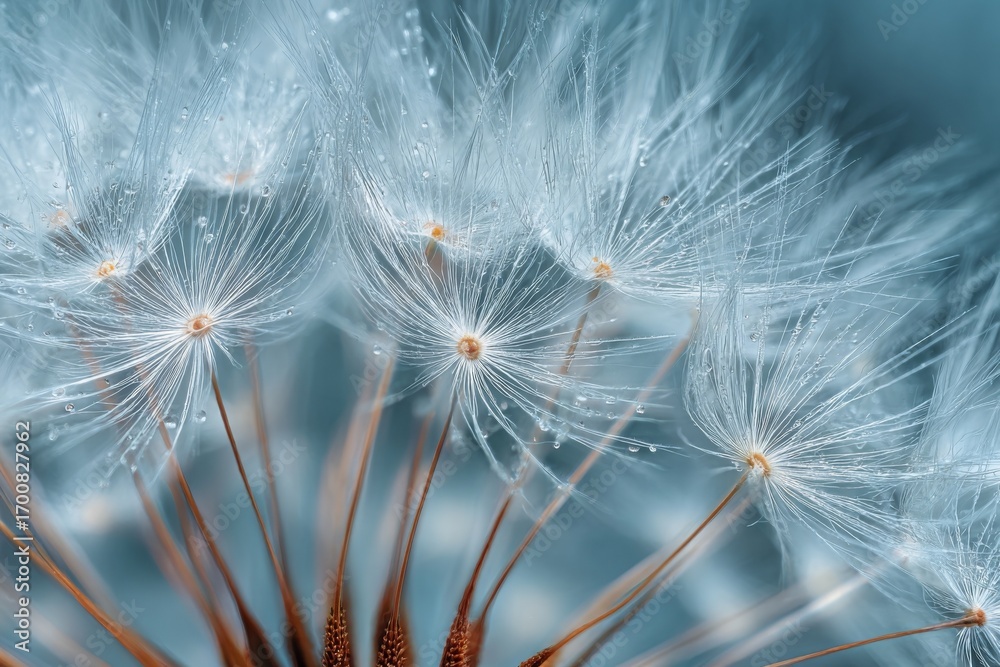Obraz premium Close-up view of delicate dandelion seeds with water droplets