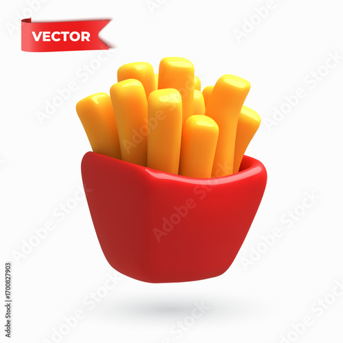 3D vector golden french fries in a red container
