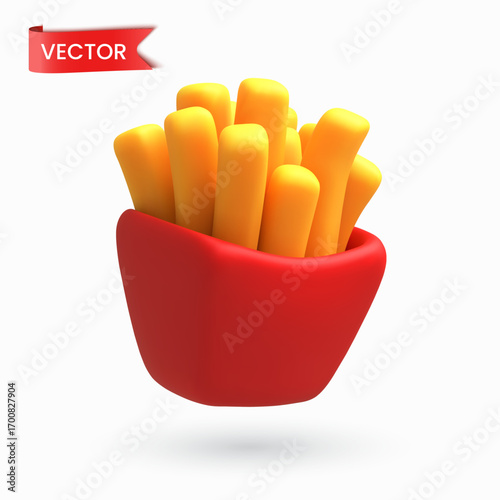 3D vector golden french fries in a red container
