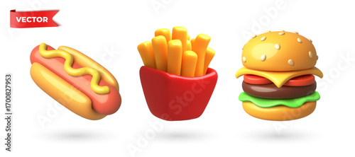 3D vector Cartoon Food Set Hot Dog, Fries, Burger