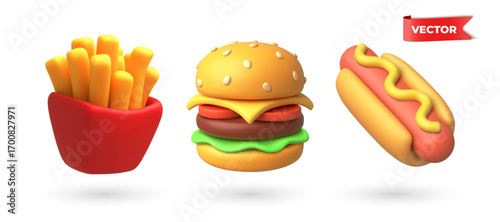 3D vector Cartoon Food Set Hot Dog, Fries, Burger