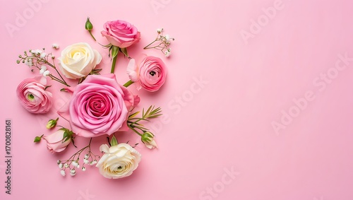 Fototapeta Naklejka Na Ścianę i Meble -  Elegant floral arrangement with pink and white roses on a pastel pink background