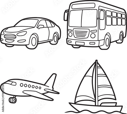Outlined Car, Bus, Airplane, and Sailboat Vector Illustration on Transparent Background