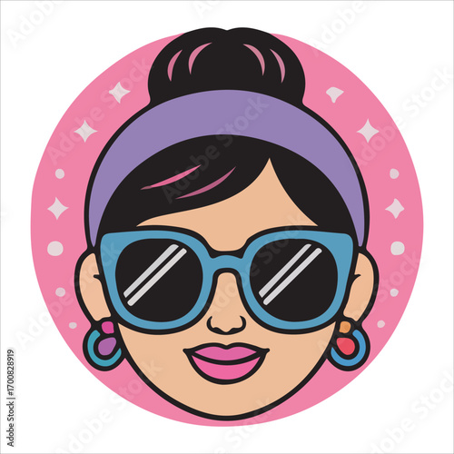 Trendy Woman with Purple Headband and Blue Round Sunglasses
