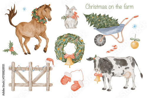 Watercolor Christmas on the farm set with festive horse, cow, rabbit, wreath, wheelbarrow with Christmas tree, wooden fence, mittens and holiday decorations on transparent background