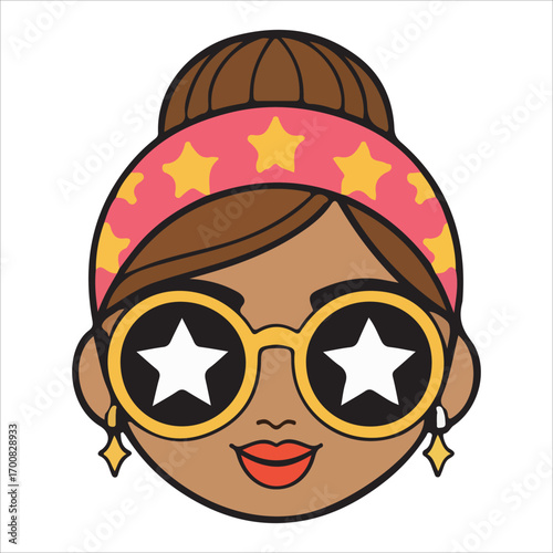 Stylish Woman Wearing Pink Star Headband and Star Shape Sunglasses