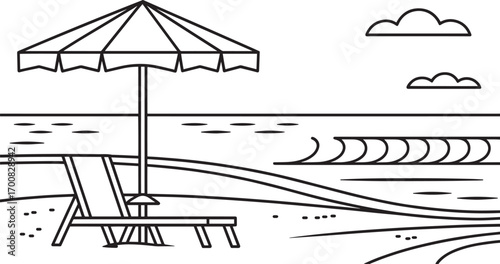 Relaxing Beach Scene with Umbrella and Lounge Chair for Summer Vacation and Travel Designs