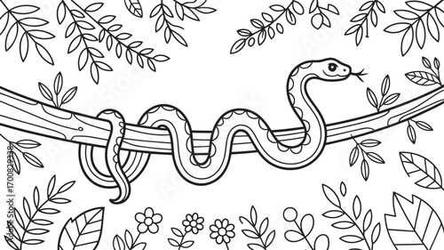 Snake on Branch Vector Illustration with Leaves and Flowers Outline in Jungle
