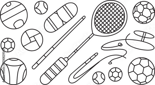 Sports Equipment Line Art Collection Racket Balls Shuttlecock Game Activity Design Elements