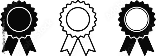 Award ribbon icons in black and white line art and solid fill styles rosette medal
