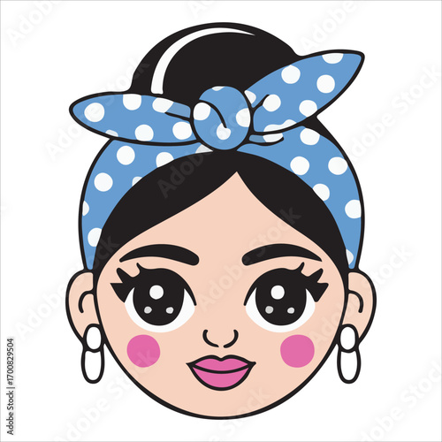 Fashion Woman Wearing Blue Polka Dot Headband and Pink Cheeks