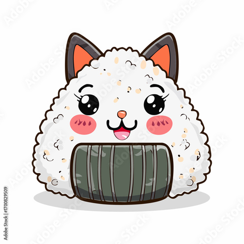 Cute Kawaii Onigiri Cat Vector Illustration with Smiling Faces and Seaweed Wraps