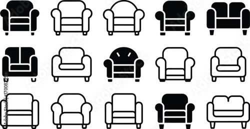 Collection of armchair and sofa icons in black and white line art and solid fill styles couch furniture