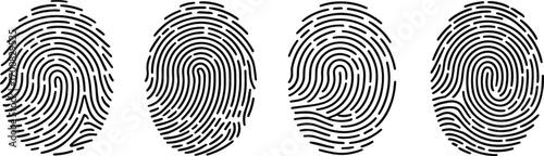 Four Black Fingerprint Icons with Different Swirl Patterns on White Background thumbprint biometric